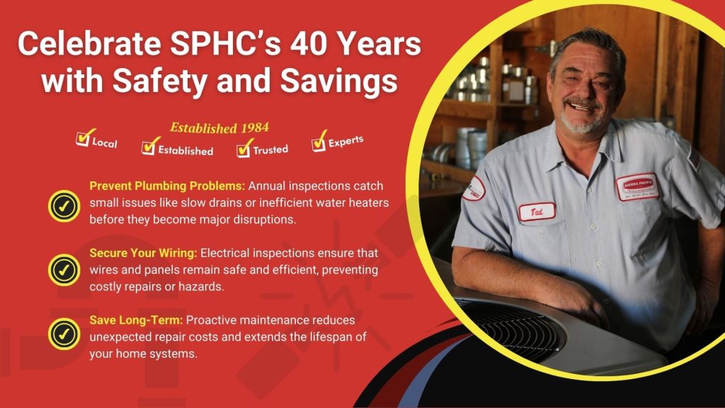 This is an image of an HVAC tech, the headline reads; Celebrate SPHC's 40 Years with Safety and Savings.