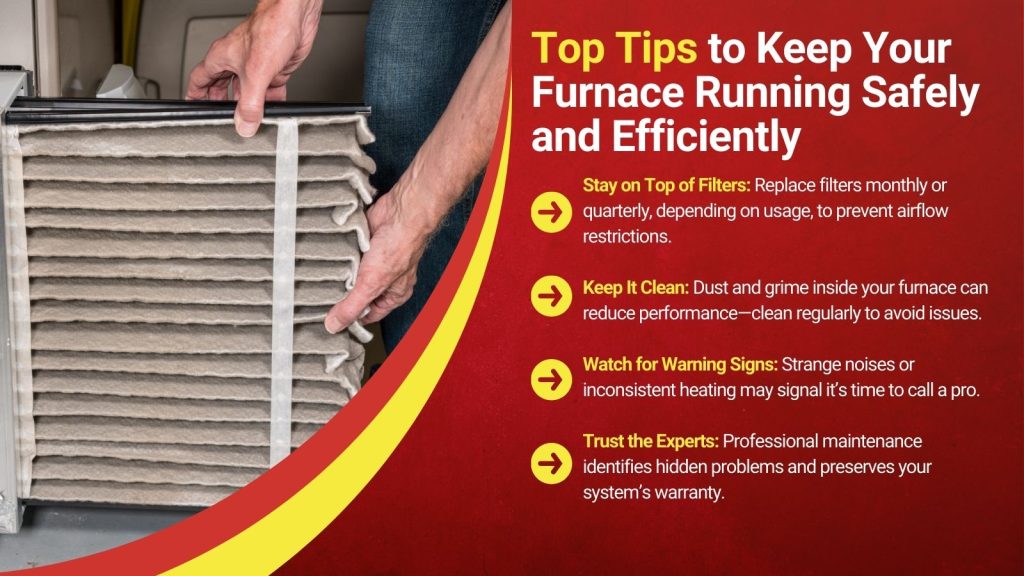 This is an image of an HVAC tech changing a furnace air filter. The headline reads; Top tips to keep your furnace running safely and efficiently.