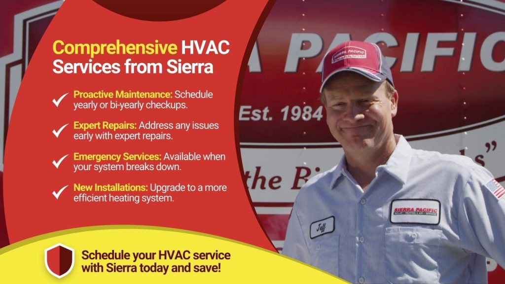 This is an image of a Sierra Pacific HVAC tech standing in front of a Sierra Pacific truck. The headline reads comprehensive HVAC services from Sierra.